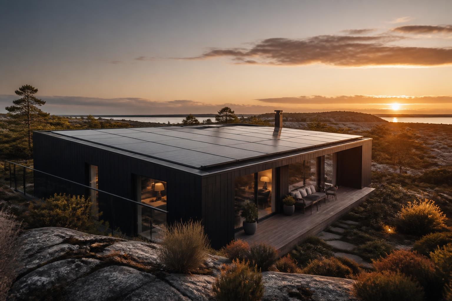 Moderne nordisk bolig med integrerede solceller ved solnedgang